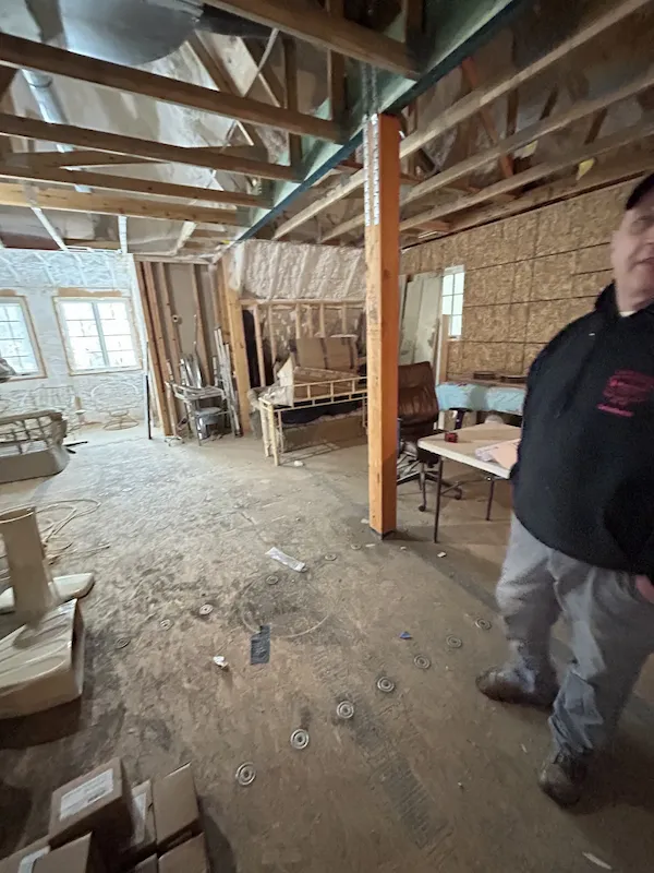 Exposed structural framing during an interior renovation